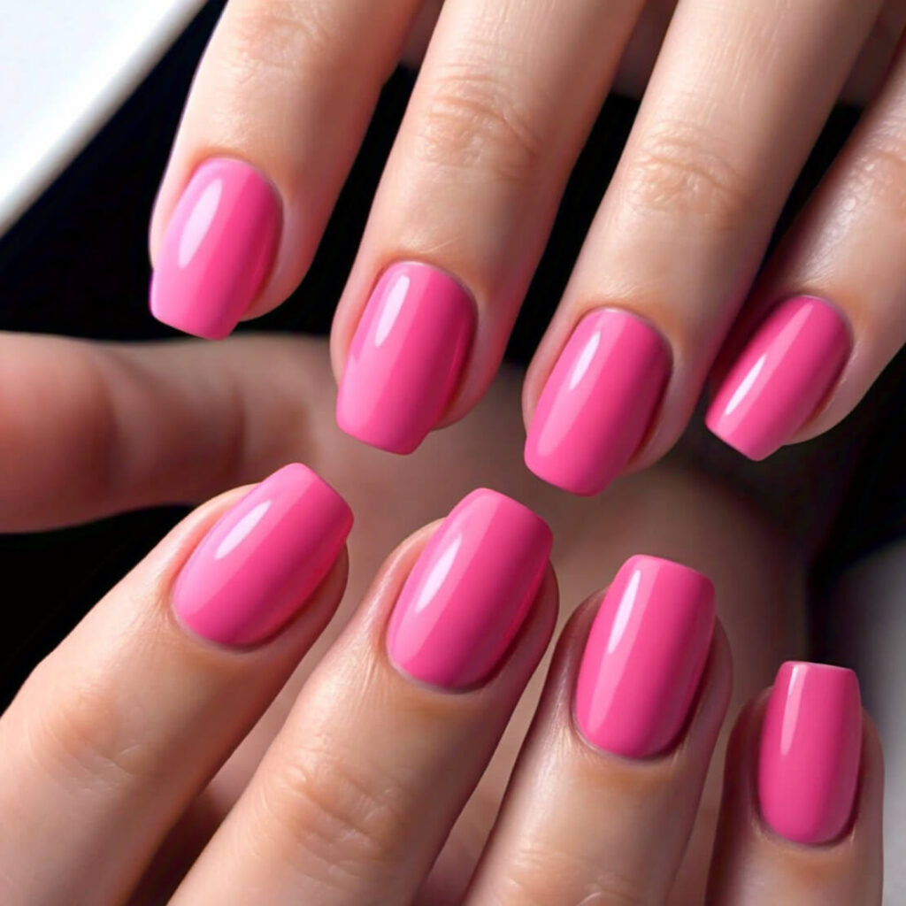 Close-up of hands featuring manicured square nails with vibrant bubblegum pink polish.