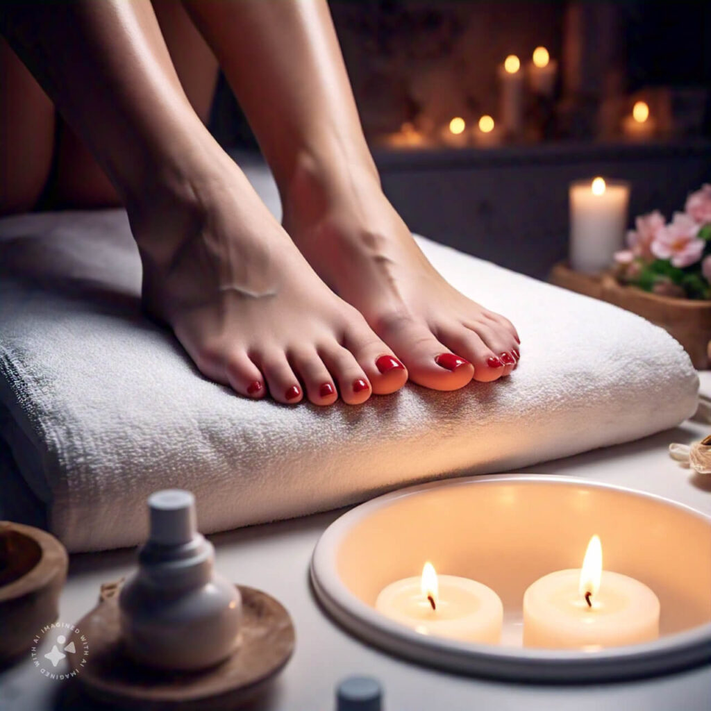 Red nail polish on well-manicured toes with a smooth skin finish.