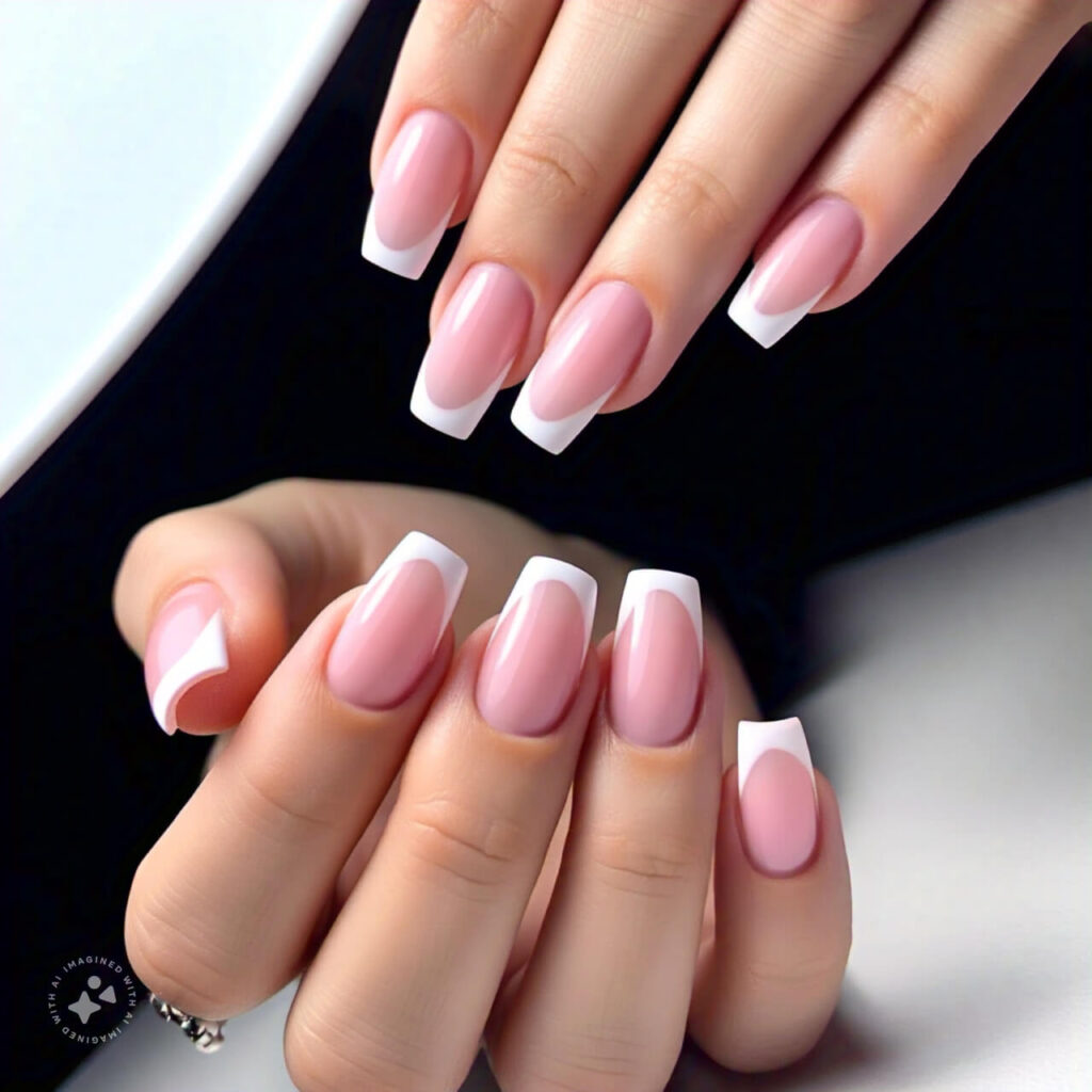 Close-up of hands with pink and white French tip manicure