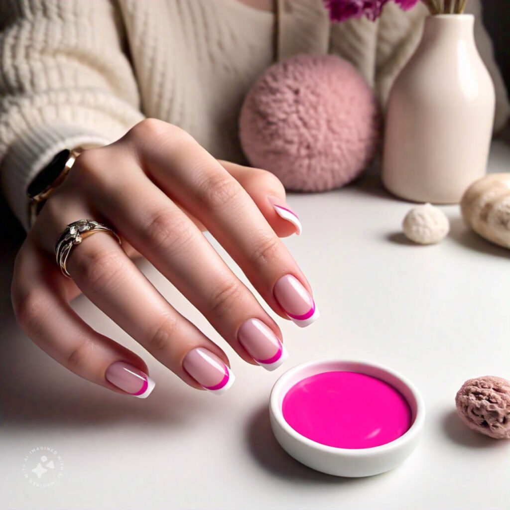 Hand with French tips featuring white and hot pink borders over a neutral base.