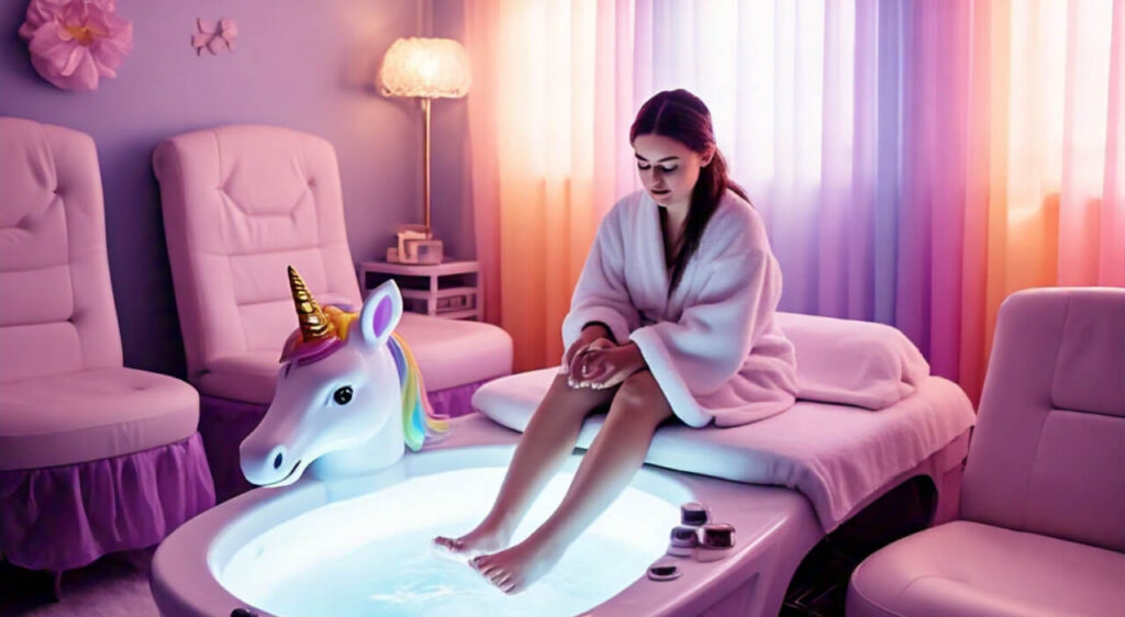 Woman in robe using glowing unicorn foot spa in pink room at pastel spa lounge